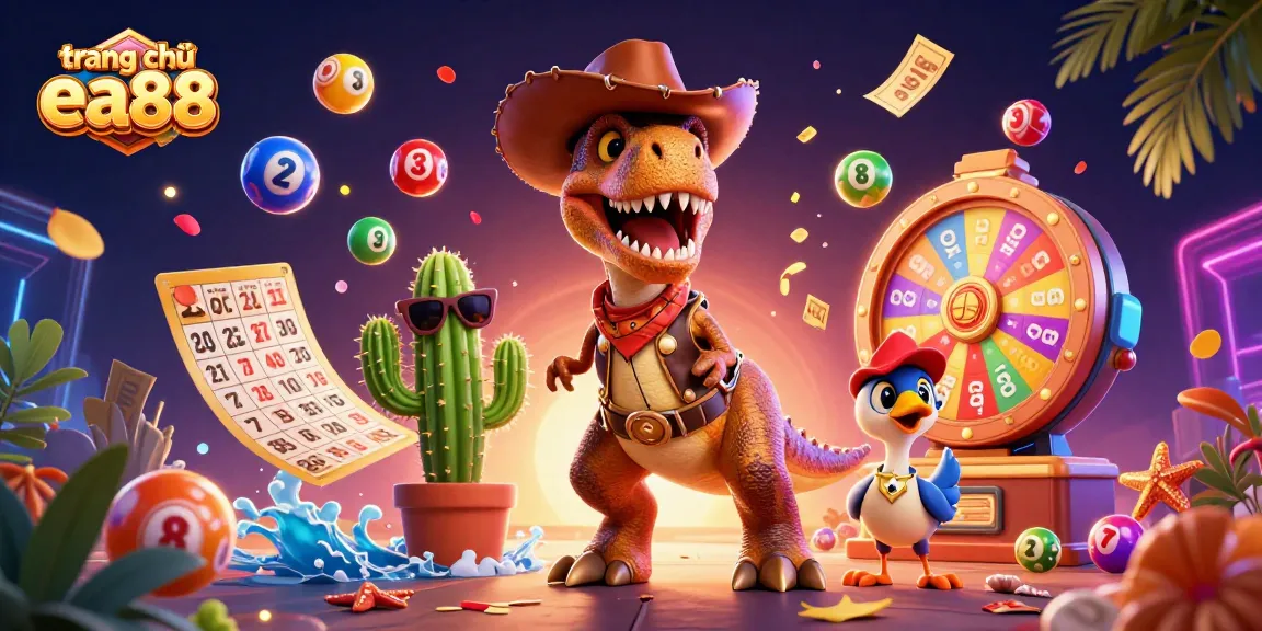 Engage with the vibrant world of trang chủ ea88 featuring a playful T-Rex and lottery elements in a dynamic casino scene.
