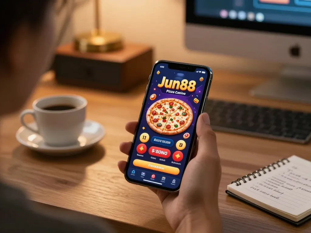 Engaging in online gaming at Jun88 pizza with a smartphone, showcasing responsible gambling.