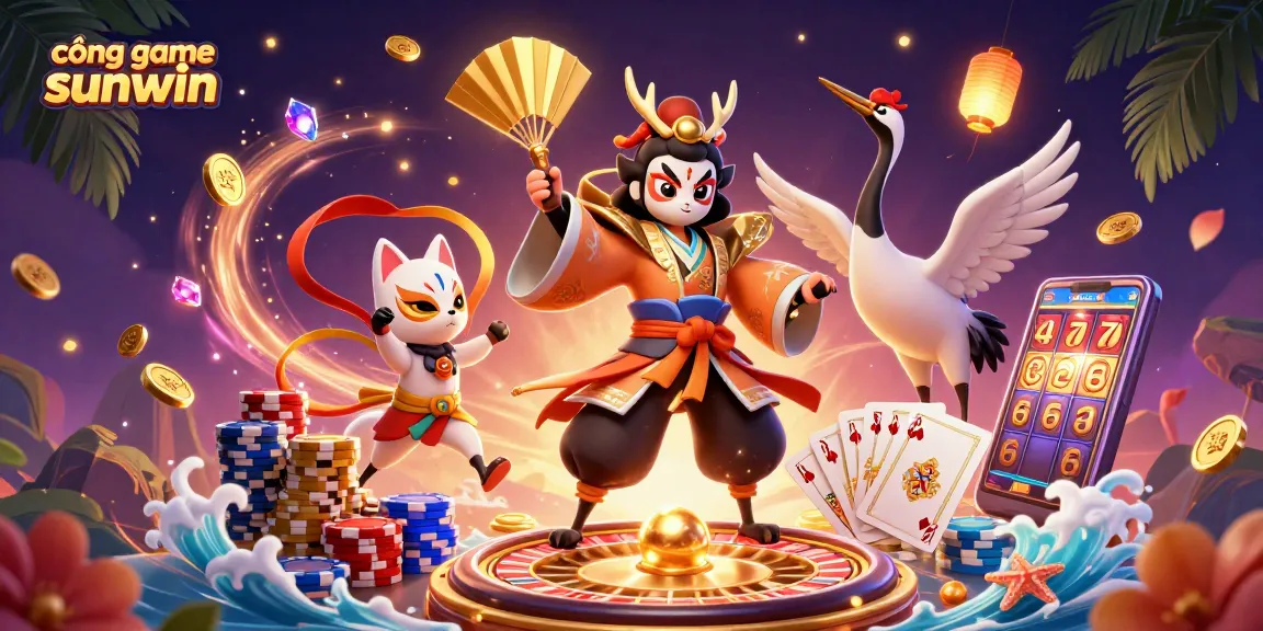 Engage with cổng game sunwin in this vibrant 3D casino-themed illustration featuring interactive gaming characters.
