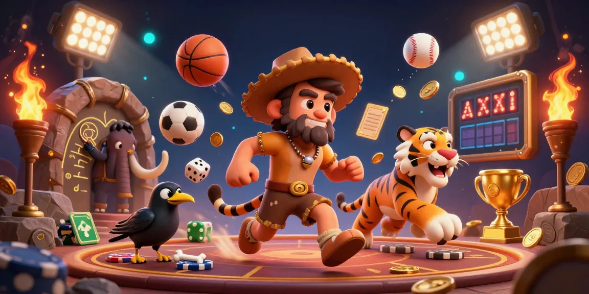 Experience thrilling play at HOKI368 with a dynamic prehistoric casino scene featuring a caveman, sabertooth tiger, and sports betting elements.