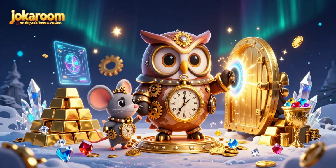 Experience the thrilling jokaroom no deposit bonus casino with a magical 3D scene featuring steampunk elements and treasures.