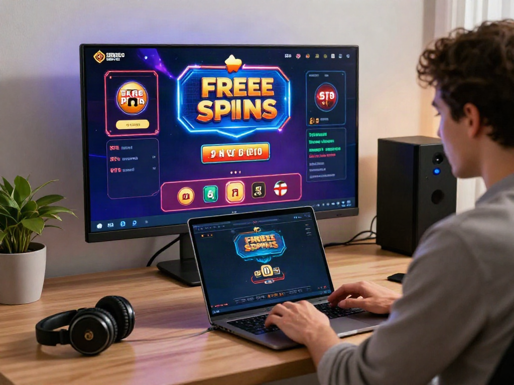 Player exploring casino bonus sans depot on laptop in modern home office.