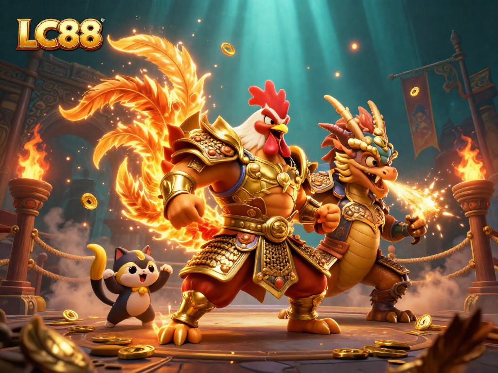 LC88 showcases a powerful rooster warrior and dragon hatchling in a dynamic gambling arena.
