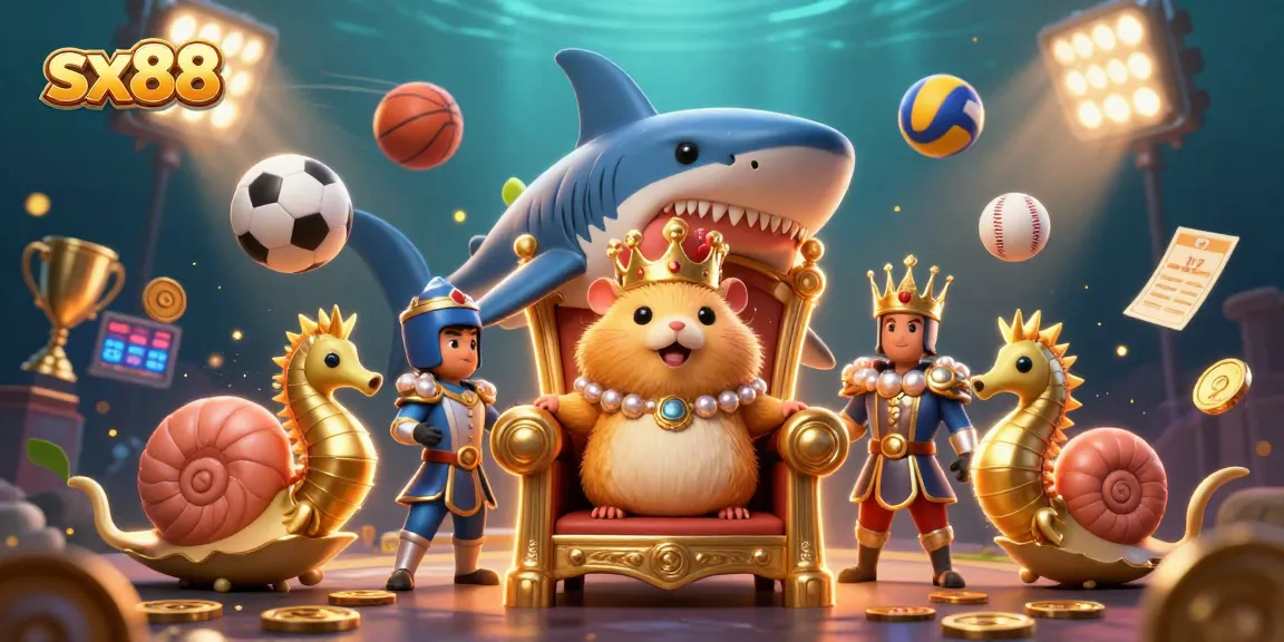 SX88 showcases a vibrant casino-themed scene with a golden hamster king and sports elements