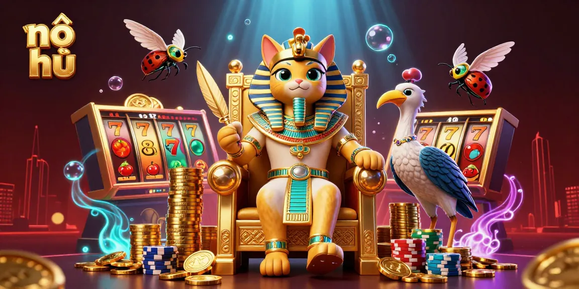 Spin the nổ hũ jackpot with vibrant visuals of a pharaoh cat amid golden treasures and slot elements.