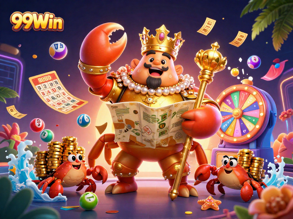 Experience the vibrant world of 99Win as golden casino elements spring to life with dazzling characters.