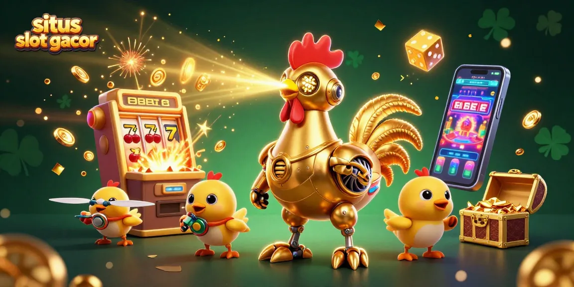 Experience the excitement of situs slot gacor with a 3D retro-futuristic scene of a golden rooster robot and slot machines.