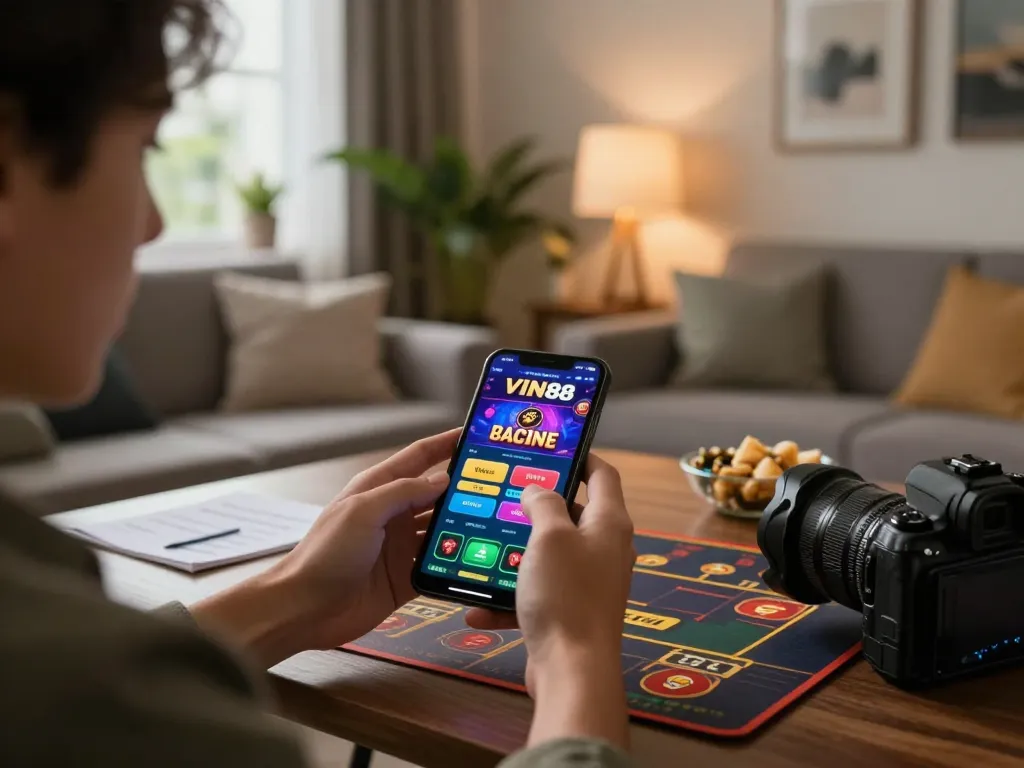 Engaging gameplay on the VIN88 casino app while enjoying a cozy living room setup.