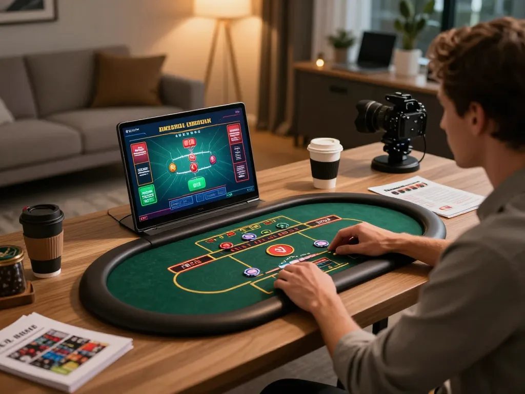 Participer à un jeu de casino live sans KYC sur un ordinateur portable à la maison avec un décor élégant.