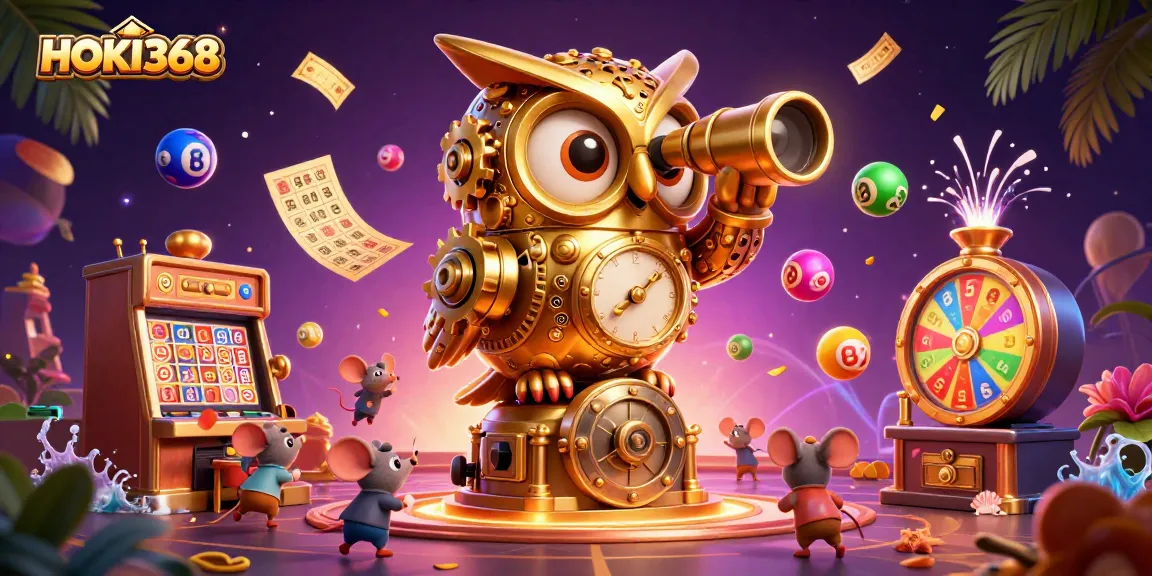Engage with HOKI368's slot games under the watch of a golden owl, dynamic casino visuals!