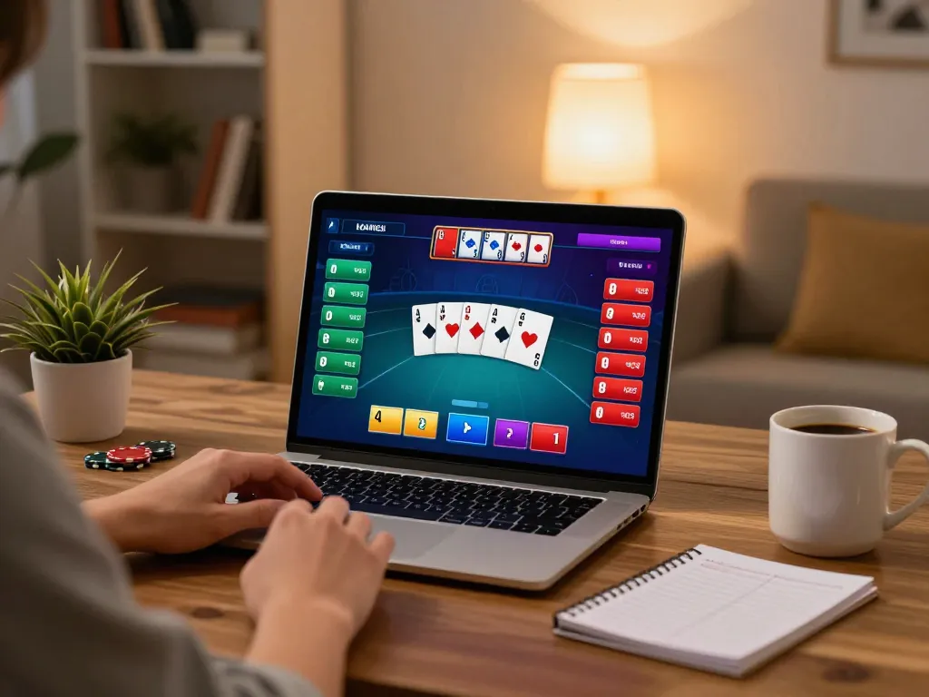 Engaged in online poker gaming at home with HELLO88, showcasing strategy and focus.