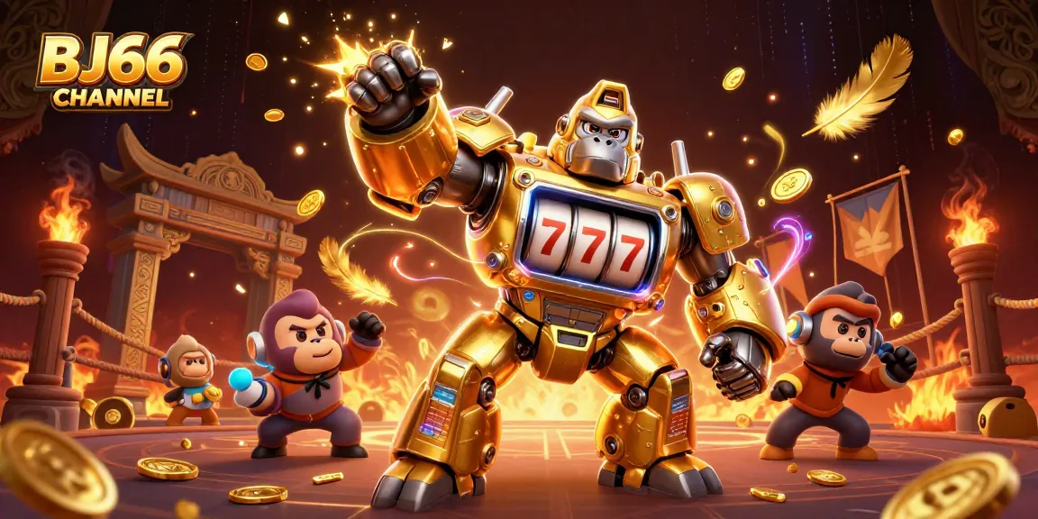 Experience thrilling cockfighting with BJ66 CHANNEL's dynamic 3D illustration of golden mech and action.