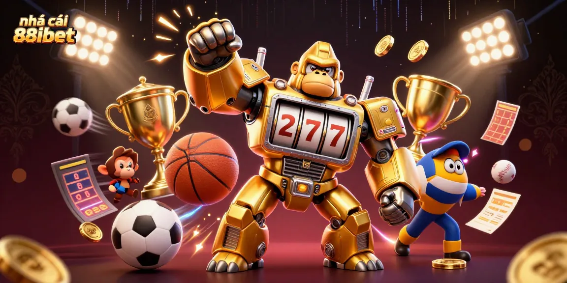 Engaging scene showcasing nhà cái 88ibet with dynamic sports elements and a transformer-style gorilla mech illustration.