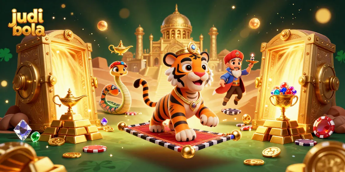 Experience judi bola excitement with a vibrant, treasure-filled scene featuring a tiger sultan on a flying carpet.