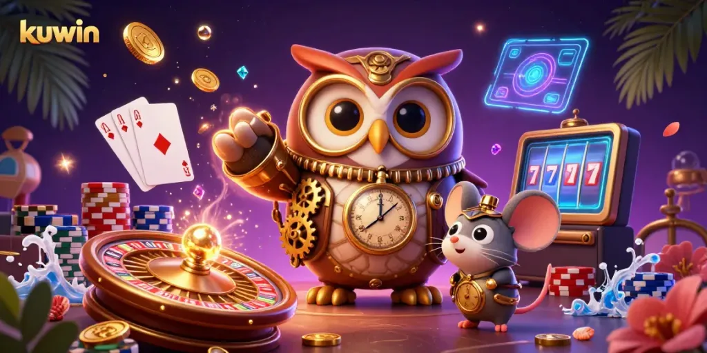 Engage with kuwin's vibrant casino world featuring the time-traveler owl amidst dynamic card and coin elements.