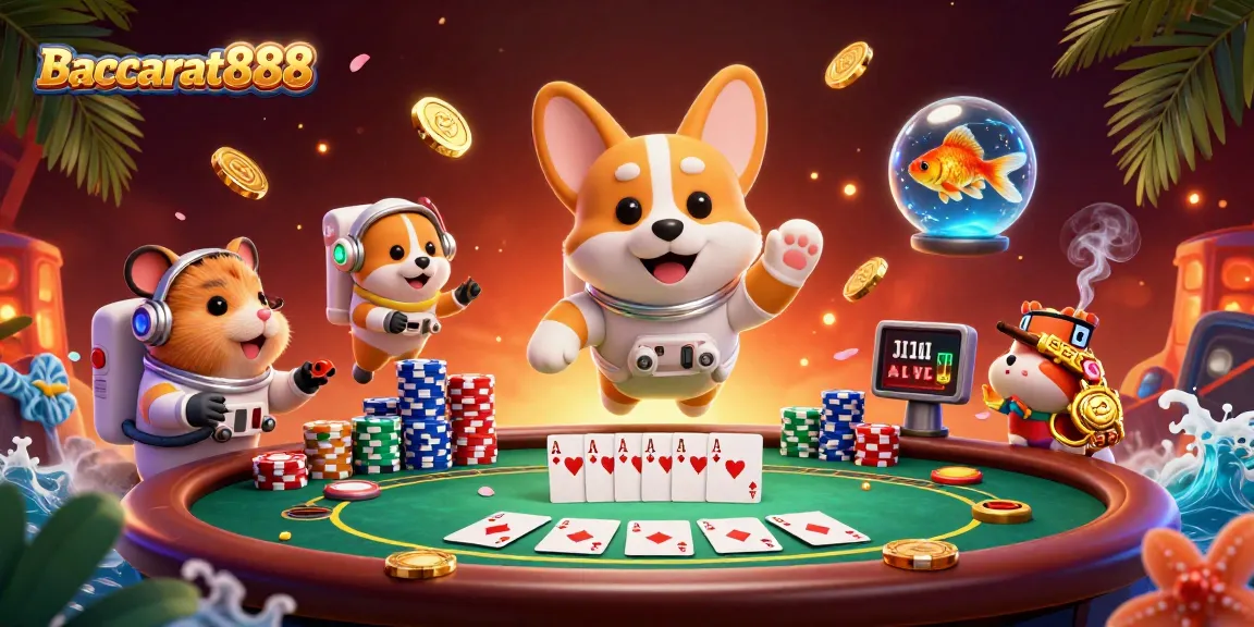 Baccarat888 showcases a vibrant casino scene with 3D characters in a space station, featuring poker games and floating elements.