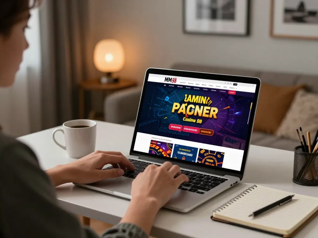 Player engaging with MM 88 online casino app on tablet, showcasing strategic gambling at home