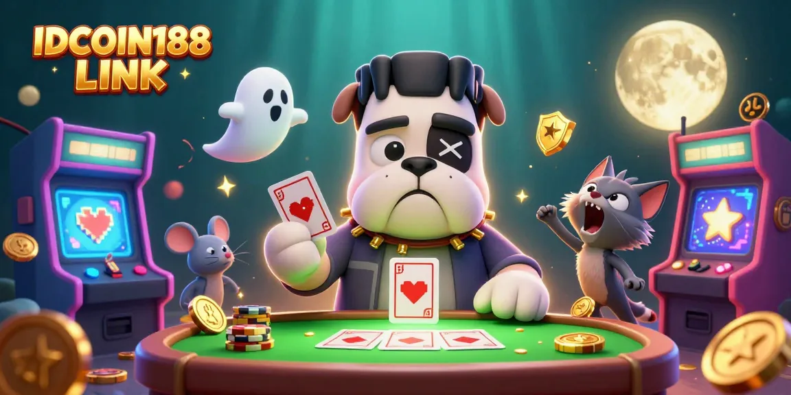 Experience thrilling card games with IDCOIN188 LINK featuring a Frankenstein bulldog and ghostly elements.