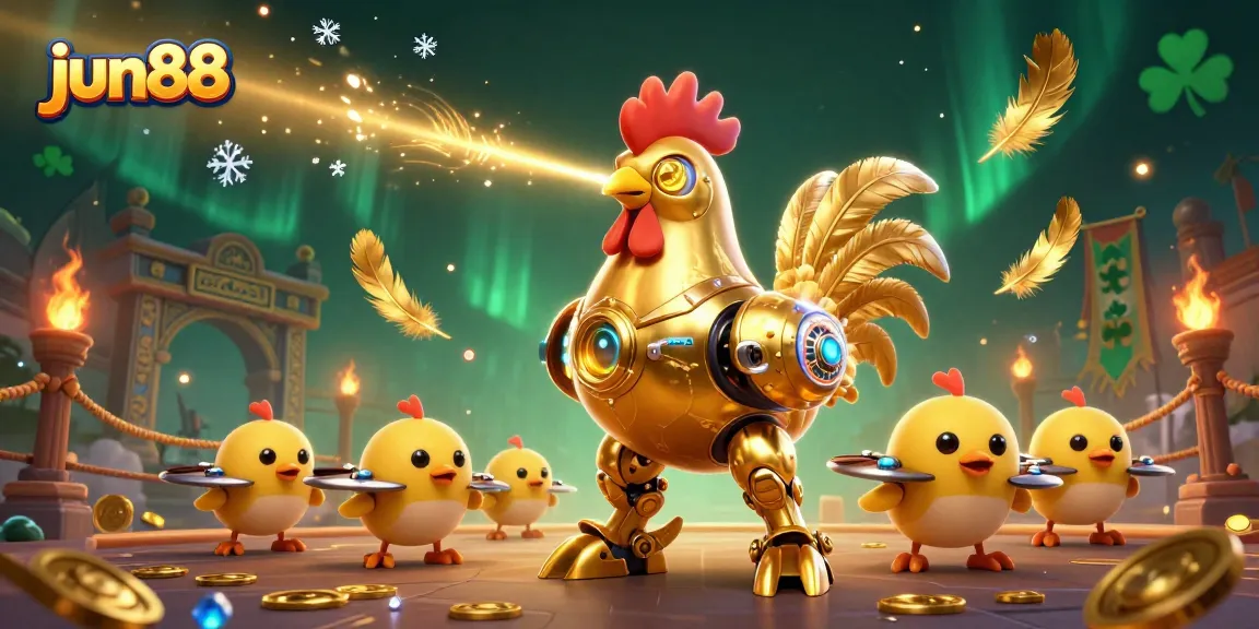 Engage in thrilling gameplay at jun88 with golden rooster robot and baby chick drones amidst vibrant casino elements.