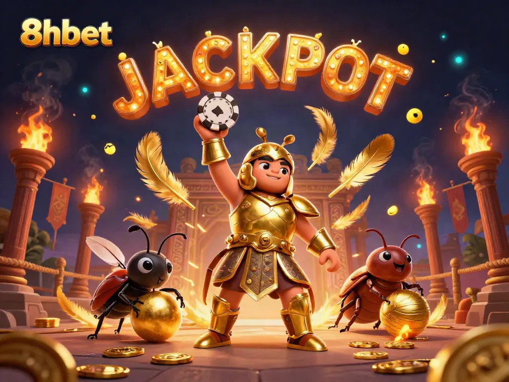 Play and win with 8xbet at this vibrant 3D casino digital art featuring heroic characters and jackpot elements.