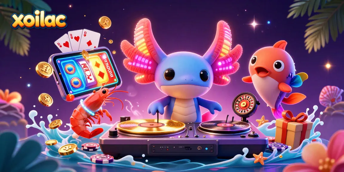 Xoilac offers exciting casino action with vibrant axolotl DJ spinning golden records and lively shrimp dancers.