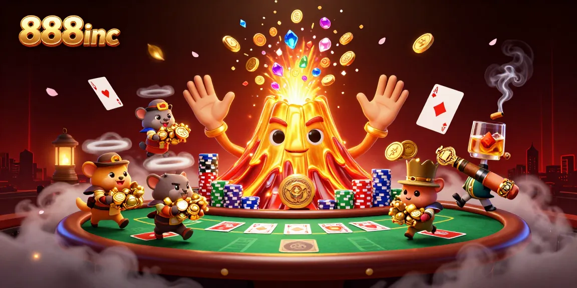 Engage in thrilling gameplay at 888inc with a volcanic eruption of coins and poker excitement.