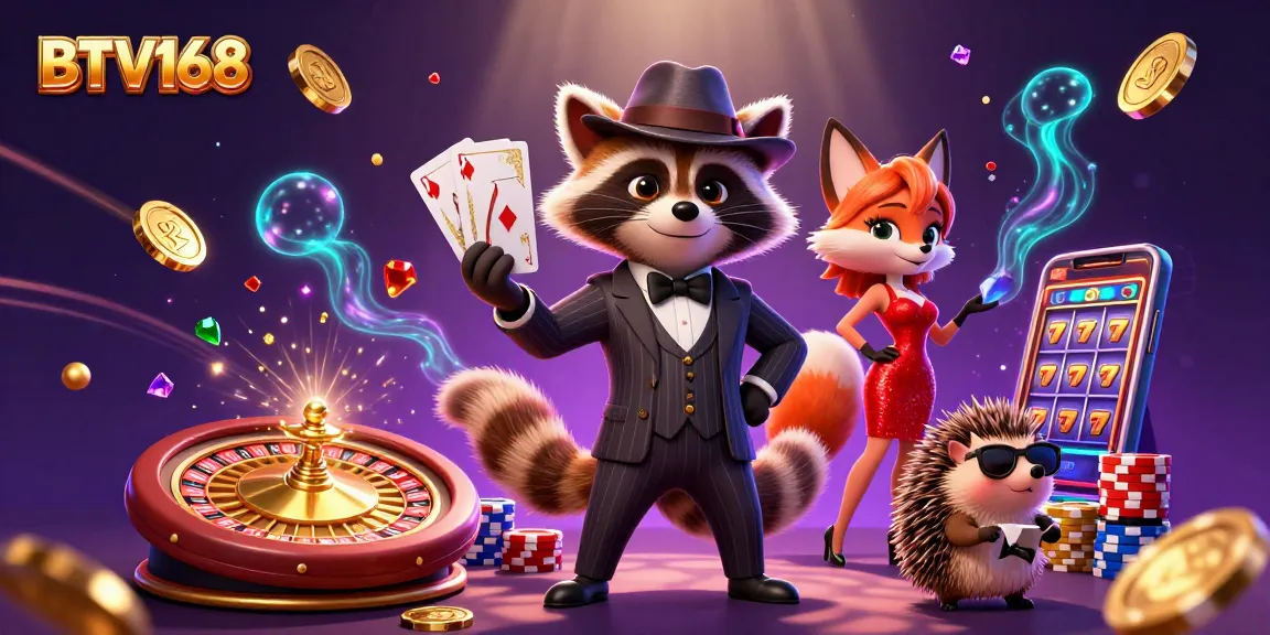BTV168 showcases a vibrant casino scene with a raccoon, fox, and hedgehog celebrating winning hands.