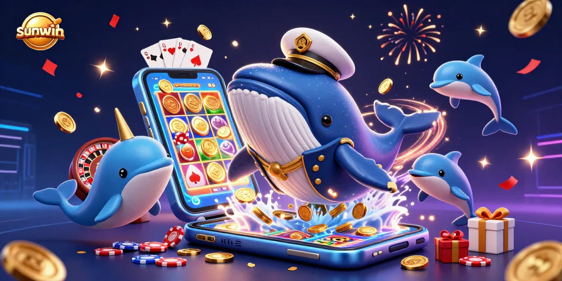 Engage in sunwin's vibrant casino experience with a playful whale, narwhal, and dolphins amidst gold