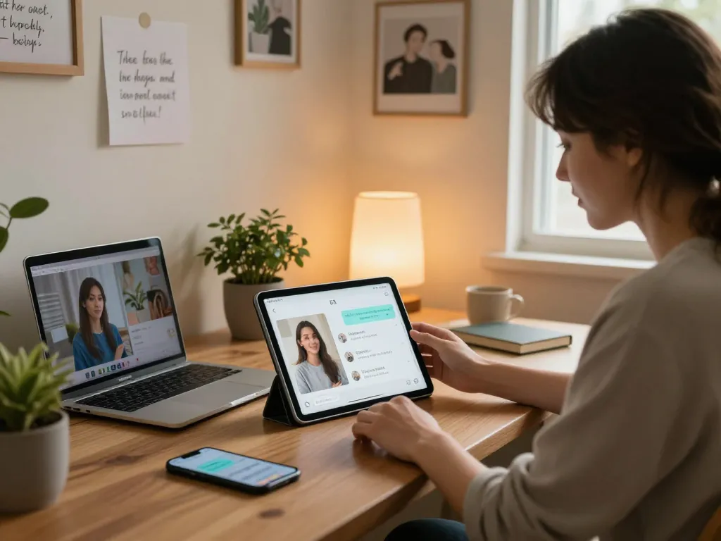 Connecting with an AI gf in a cozy home office environment.