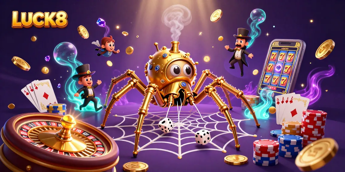 Watch LUCK8’s golden spider webbing in cascading coins and gaming elements in a vibrant online casino scene.