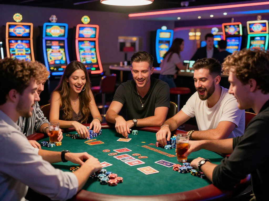 Giocatori entusiasti in un casinò, discutendo strategie sui siti non AAMS mentre illuminazioni al neon creano un'atmosfera vibrante.