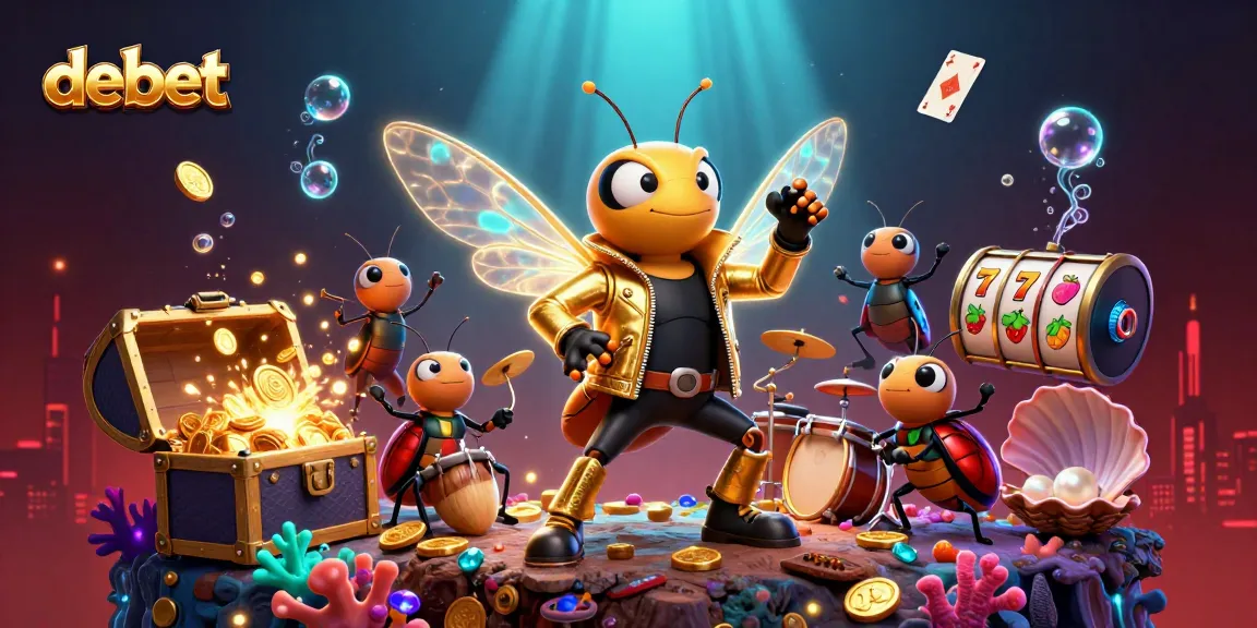 Engage with debet's vibrant 3D casino scene featuring a cicada rock star and exciting slot elements.