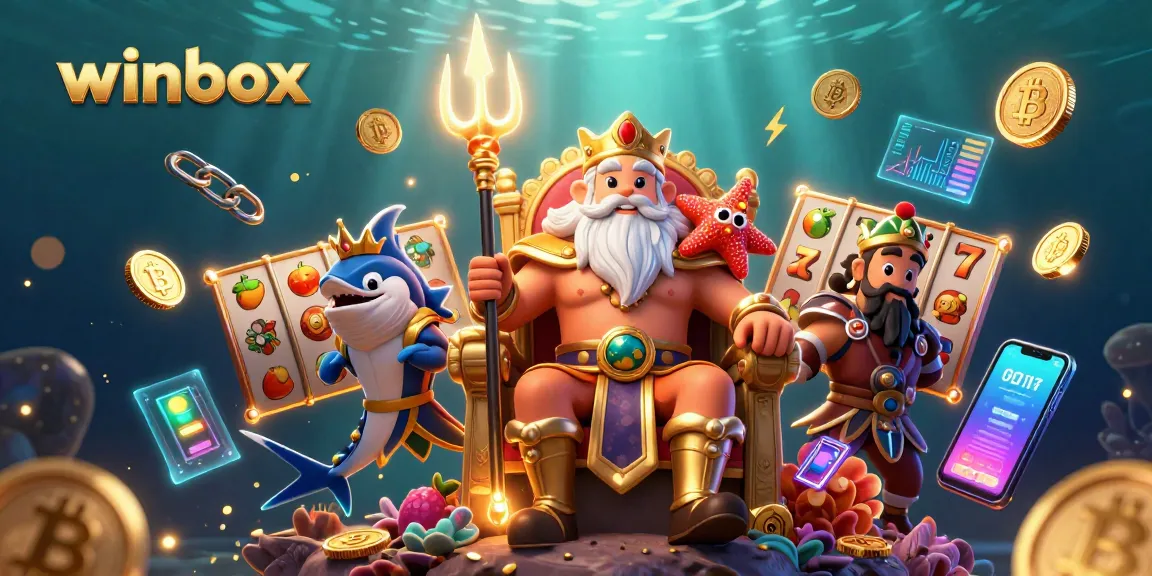 Winbox presents an exciting casino experience with Neptune surrounded by sparkling slot game elements and cryptocurrency icons.