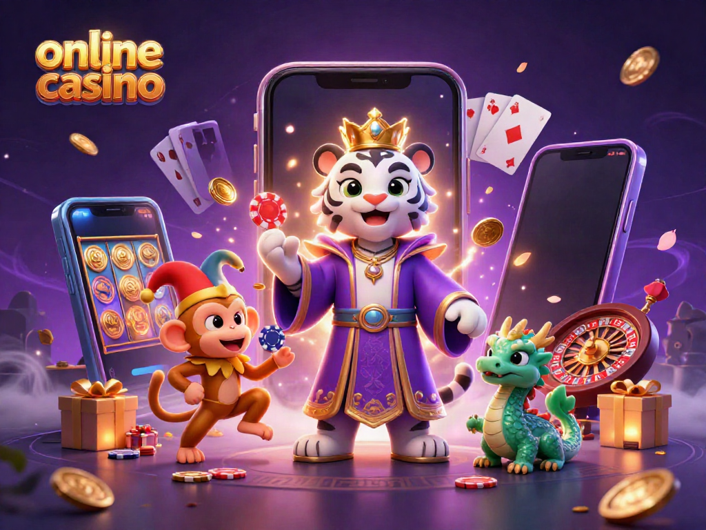 Experience the excitement of online casino games with a majestic tiger and playful monkey in a vibrant atmosphere.