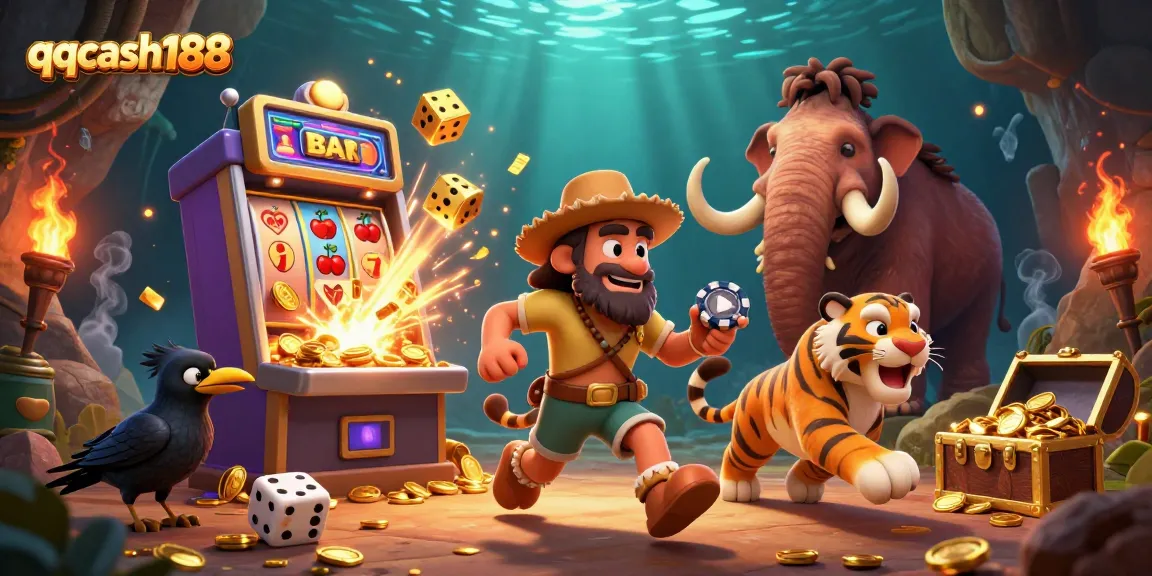 Experience the thrill of qqcash188 with a vibrant prehistoric casino scene, featuring animated characters and dynamic game elements.