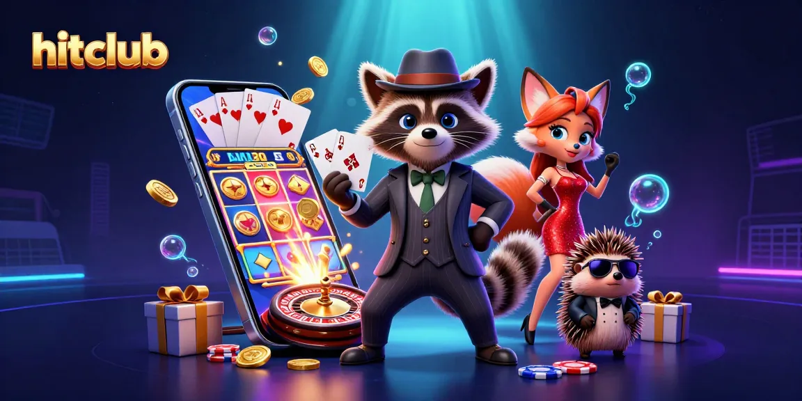 Hitclub illustration with a suave raccoon, a stylish fox, and a hedgehog enriching a vibrant slot gaming experience.