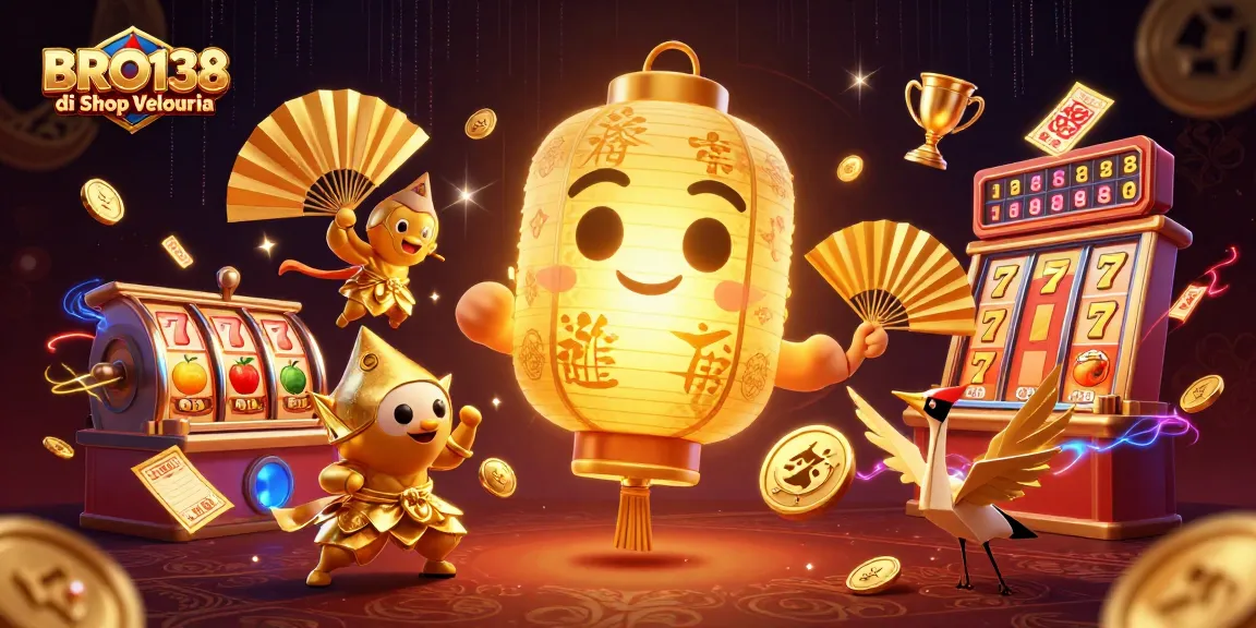 Experience thrilling slots at BRO138 di Shop Velouria with a vibrant casino illustration showcasing golden lanterns and dynamic game elements.