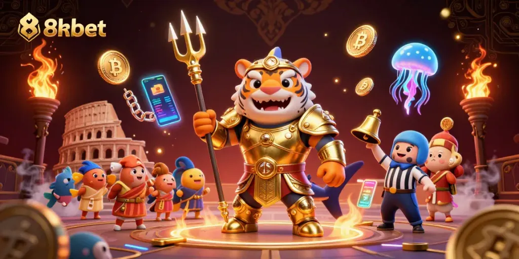 Engage in thrilling gambling action at 8xbet with vibrant 3D casino illustrations showcasing exciting game elements.