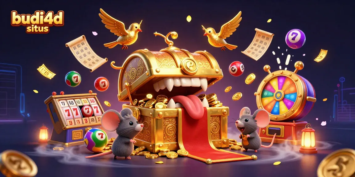 Gain wealth with the budi4d situs treasure chest, surrounded by vibrant slots and lottery elements.