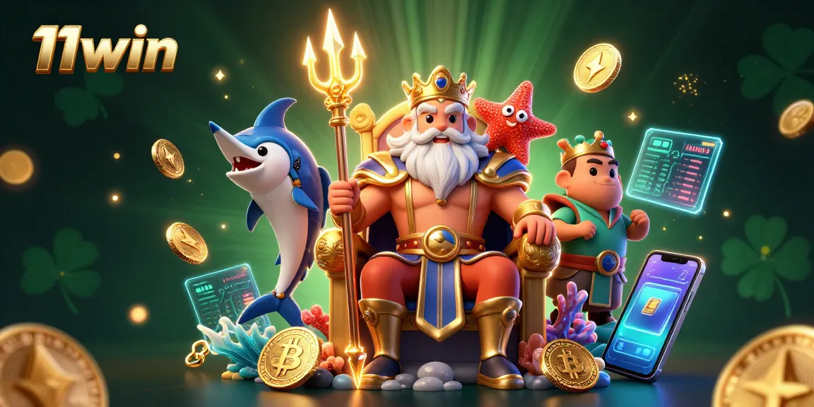 Play and win with 11win in this vibrant illustration of Neptune surrounded by cryptocurrency and casino elements.