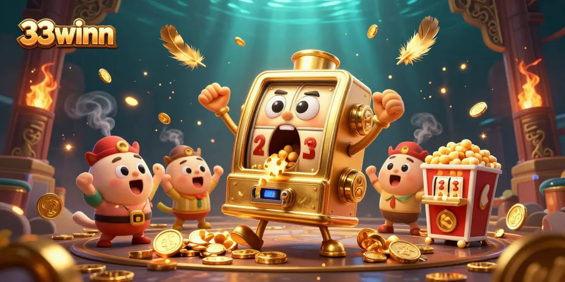 33winn slot machine celebrates a jackpot, engulfed in coins and golden excitement