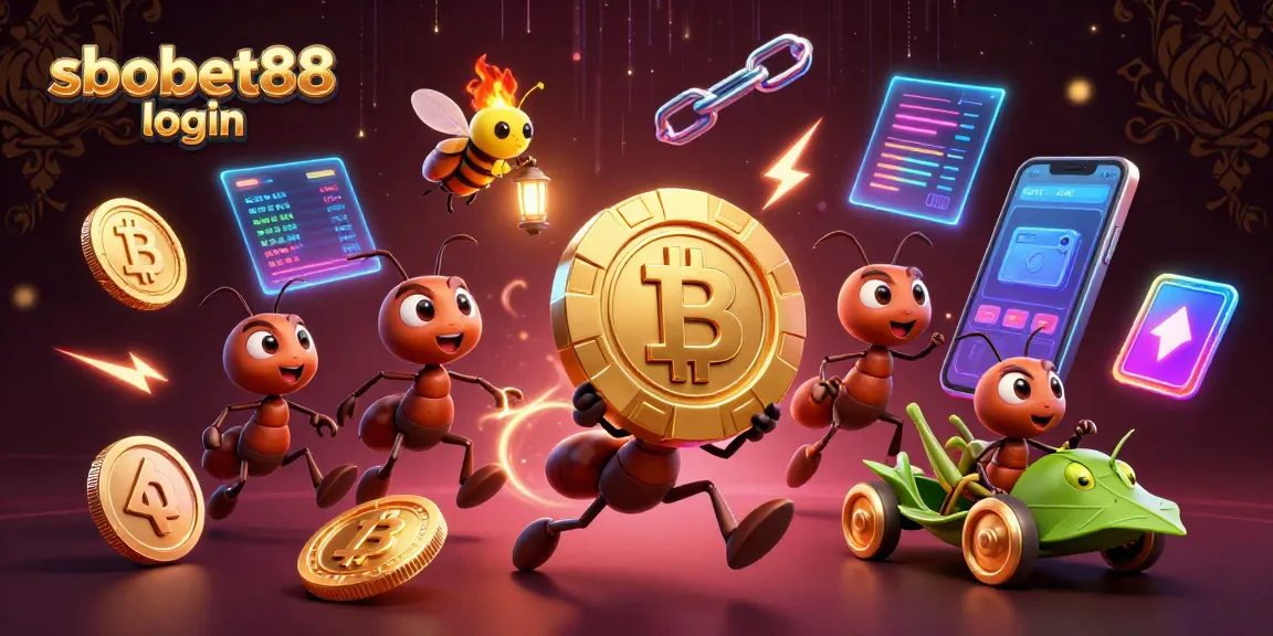 Experience sbobet88 login with a dynamic scene featuring ants heisting a poker chip amidst cryptocurrencies.