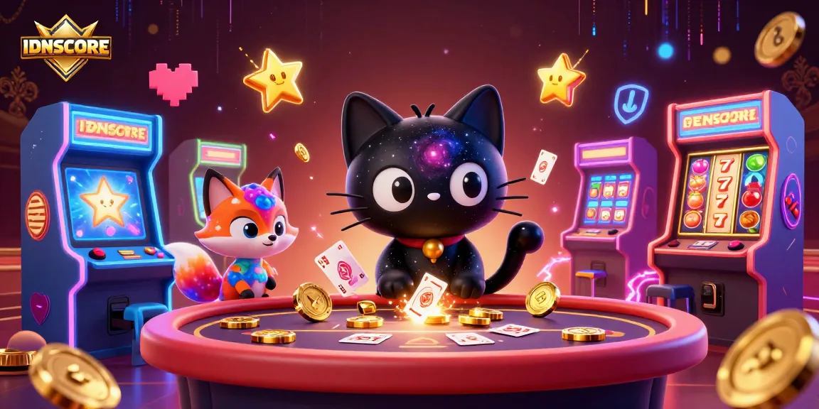 Experience the excitement of IDNSCORE with a cosmic casino scene featuring a black hole cat and vibrant elements.