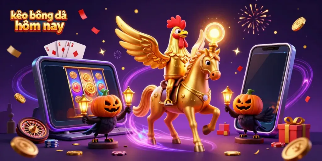 Experience the thrill of kèo bóng đá hôm nay with a golden rooster, spectral horse, and casino magic.