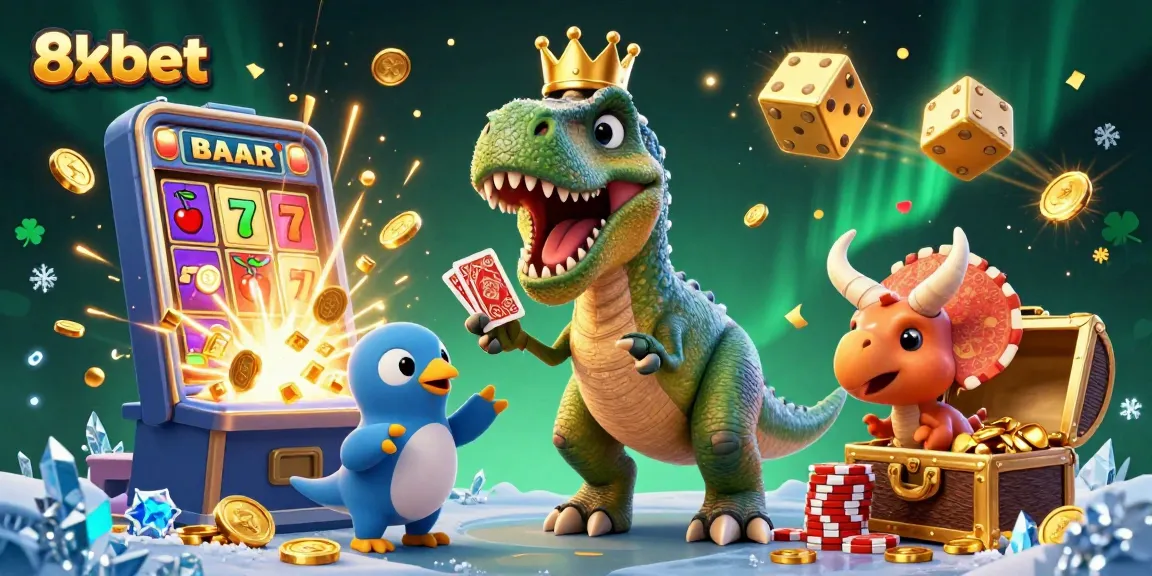 Engage with thrilling 8xbet casino games as a T-Rex plays cards amidst a jackpot explosion.