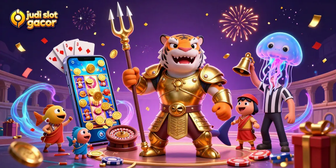 Menangkan judi slot gacor di atas smartphone, dikelilingi karakter unik dengan suasana kasino yang meriah.