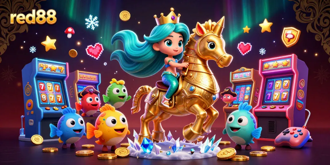 Exciting red88 themed casino illustration featuring a mermaid princess and slot elements.