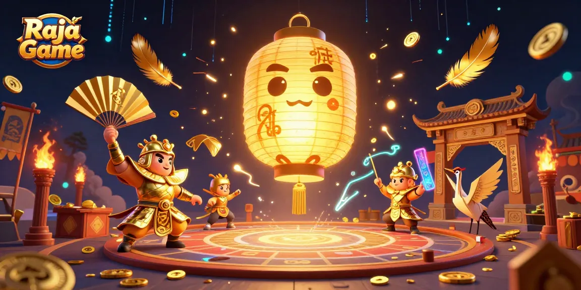 Engage with Raja Game featuring a glowing lantern spirit in a vibrant casino scene filled with gold coins and lucky symbols.