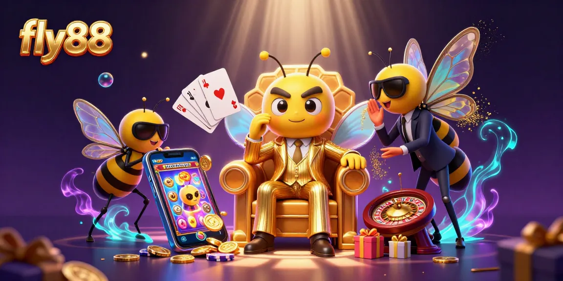 fly88 captures the excitement of gambling with a bumblebee mob boss surrounded by vibrant slots and casino action.