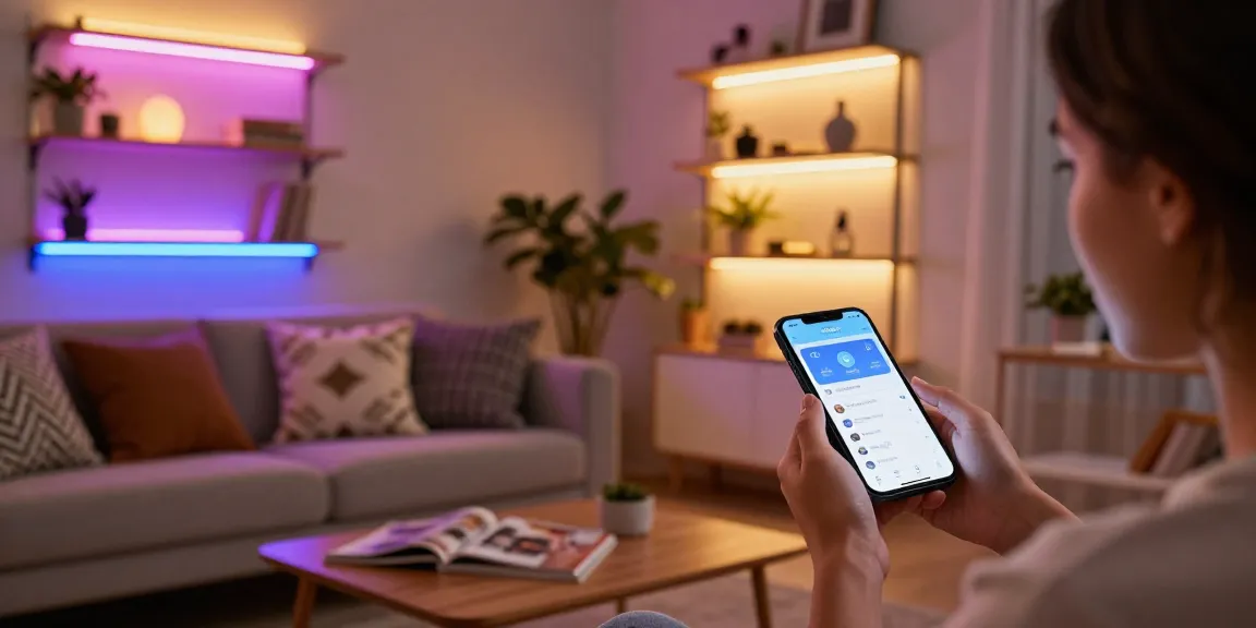 Banda LED utilizată pentru iluminarea modernă a unui living, cu smartphone ajustând lumina.